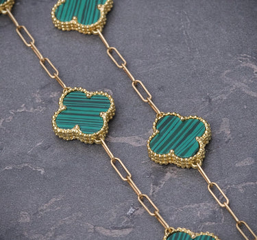 Cadena Lucky Clover Piedra Verde Tejido Paper Clip 18.15gr / Largo 50cm / Oro Amarillo italy cte B