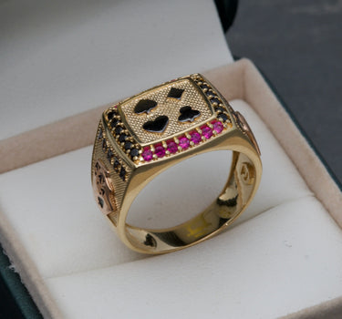 Anillo poker con swarovski fucsia y negro 8.95gr / Dos Oros Nac M