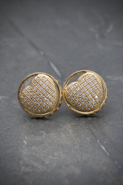 Aretes De Medalla Con Corazones Y Swarovski 3.6gr / Largo 1.2cm / Oro Amarillo Nac B