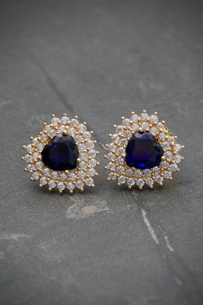 Aretes Con Swarovskis De Corazones Azul 4.2gr / Largo 1.3cm / Oro Amarillo Nac B