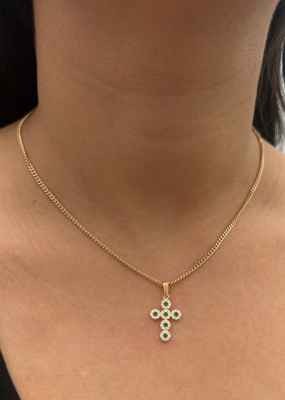 Dije cruz con swarovski verde y blanco 1.55gr / Largo 2.5cm / Oro Amarillo Nac P