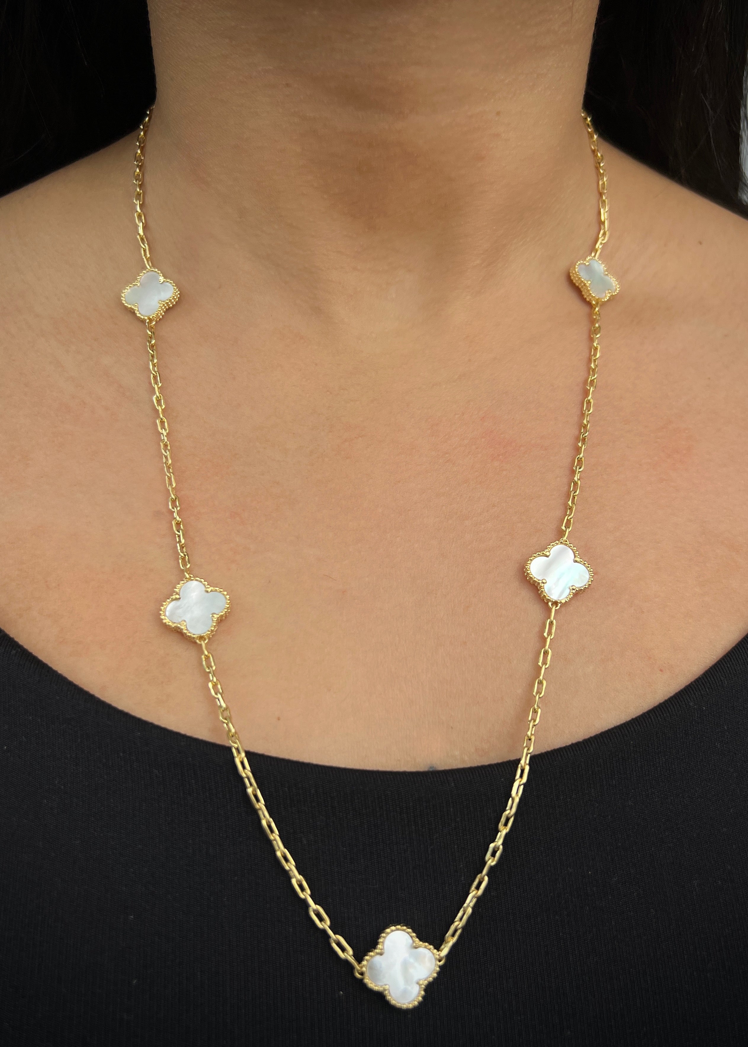 Cadena lucky clover piedra blanca 20.25gr / Largo 60cm / Oro Amarillo italy cte M