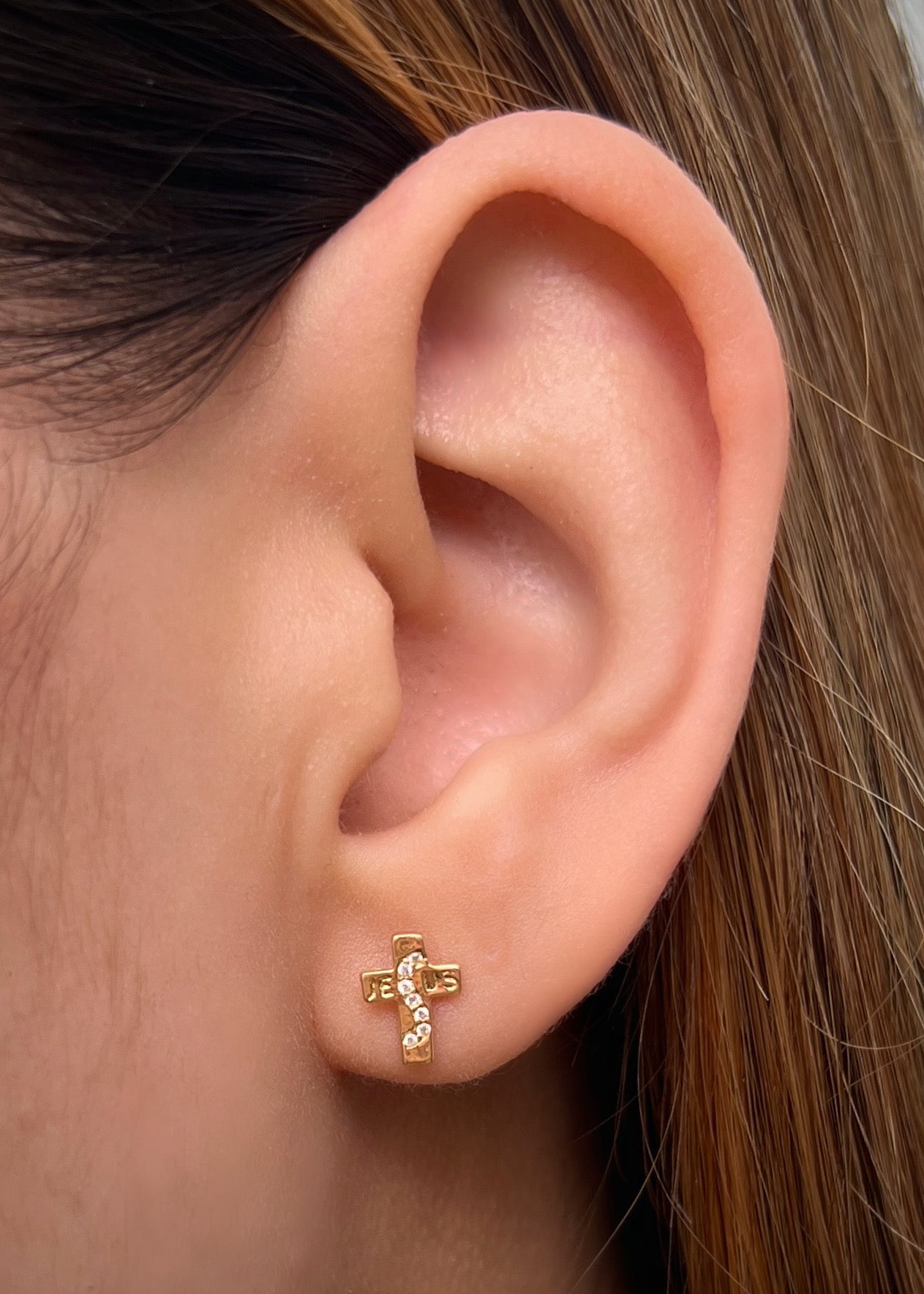 Topos cruz con swarovski blanco 1gr / Largo 0.8cm / Oro Amarillo Nac*
