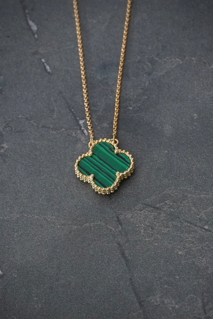 Cadena Lucky Clover Piedra Verde Tejido Rolon 3.5gr / Largo 40cm / Oro Amarillo italy cte B