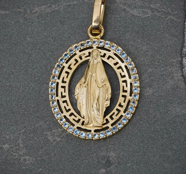 Dije Medalla Virgen De la milagrosa Con Swarovski Azul 2.7gr / Largo 2.9cm / Oro Amarillo Nac M