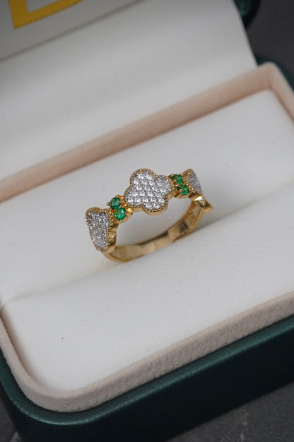Anillo lucky clover con swarovski blanco y verde 3.05gr / TALLA 6 / Oro Amarillo Nac B