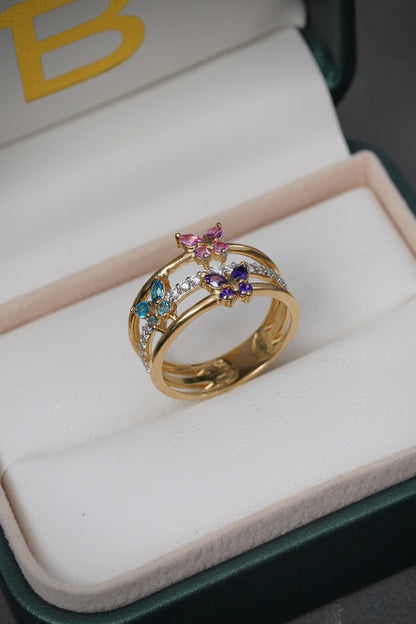 Anillo Mariposas Con Swarovski multicolor 4.2gr / TALLA 7 / Oro Amarillo Nac P