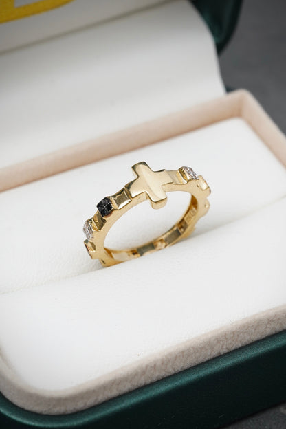 Anillo de cruz con swarovski negro y blanco 2.85gr / TALLA 5 1/2 / Oro Amarillo Nac M