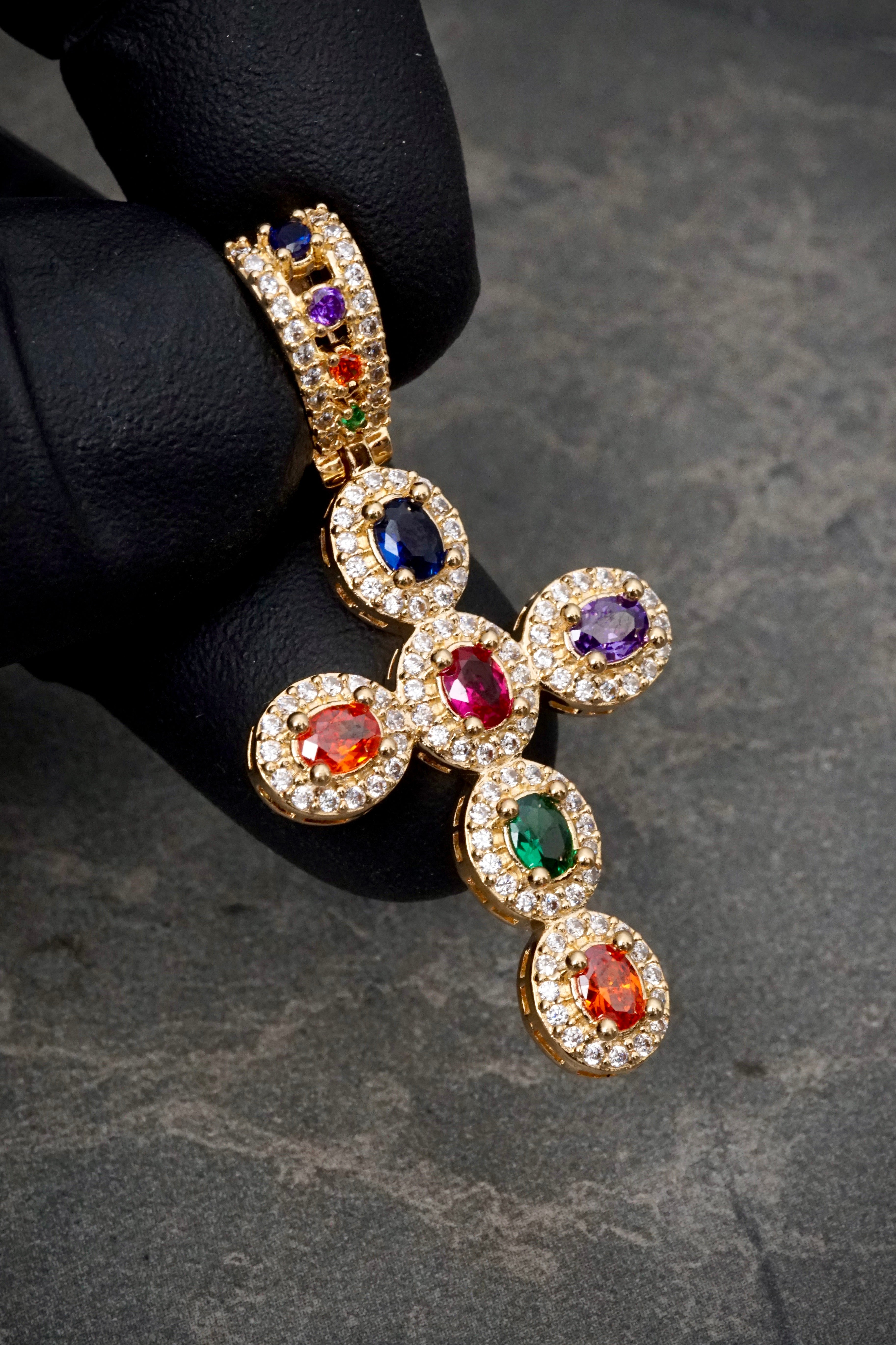 Dije cruz con swarovski multicolor 5.6gr / Largo 4.3cm / Oro Amarillo Nac B