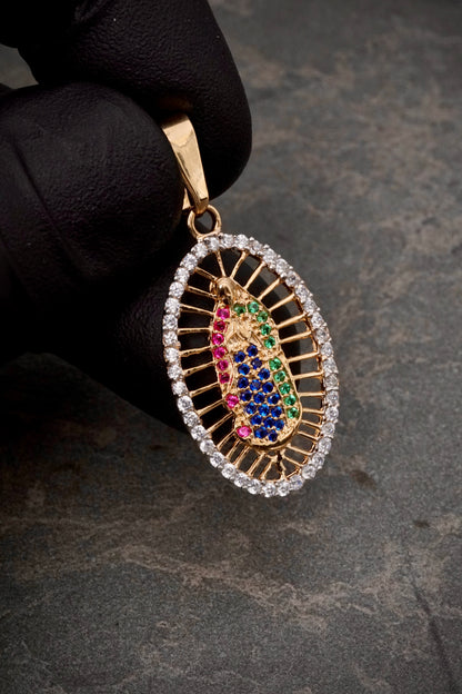 Dije virgen de guadalupe con swarovski multicolor 2.4gr / Largo 3.5cm / Oro Amarillo Nac B
