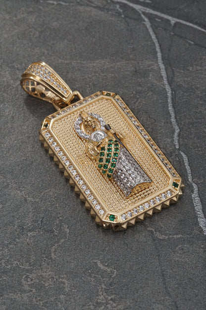 Dije san judas tadeo con swarovski verde y blanco 21.25gr / Largo 5.5cm / Oro Amarillo Nac M