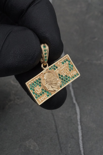 Dije dolar con swarovski verde 3.3gr / Largo 2cm / Oro Amarillo Nac M