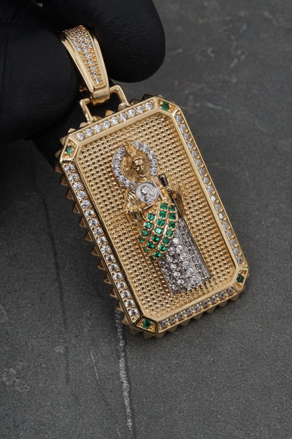 Dije san judas tadeo con swarovski verde y blanco 21.25gr / Largo 5.5cm / Oro Amarillo Nac M