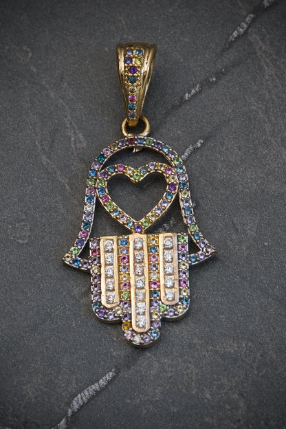 Dije mano hamsa con swarovski multicolor 4.4gr / 4cm / Oro Amarillo Nac B