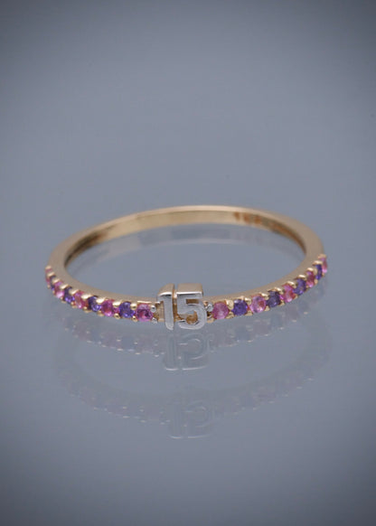 Anillo de 15s con swarovski rosado y morado 1.4gr / TALLA 7 1/4 / Oro Amarillo Nac B