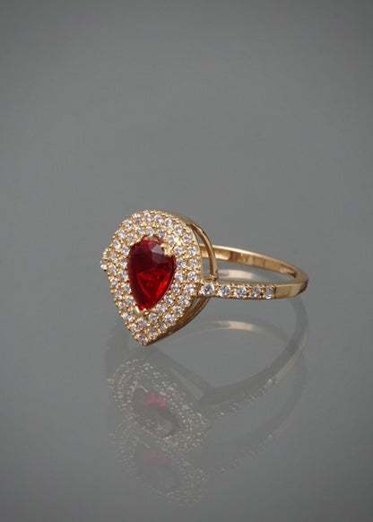 Anillo gota con swarovski rojo y blanco 2.4gr / Talla 6 1/4 / Oro Amarillo Nac B
