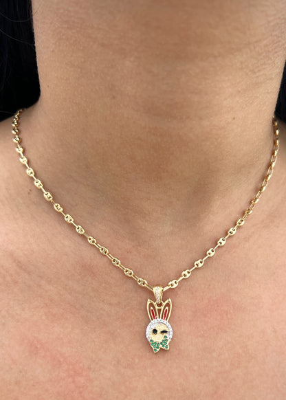 Dije conejo con swarovski blanco y verde 2.5gr / Largo 2,5cm / Oro Amarillo Nac M