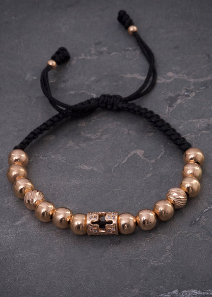 Pulsera en hilo negro con bolas y herraje 4.35gr / Oro Rosado (Joya) M