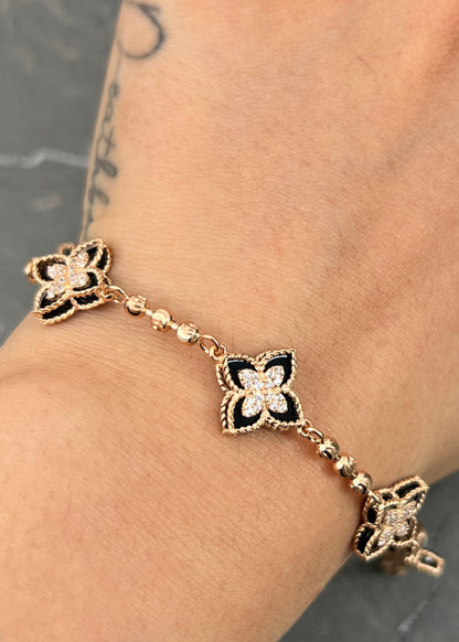 Pulso Lucky Clover Piedra Negra con Swarovski 8.8gr / 19cm / 13mm — Oro Rosado