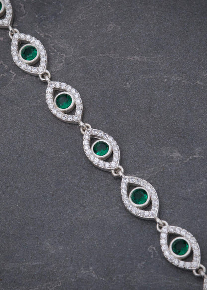 Pulso Ojo Turco con Swarovski Verde y Blanco 10.15gr / 17cm / 7.4mm — Plata 925