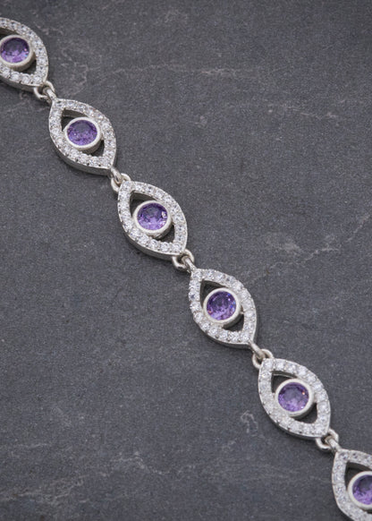 Pulso Ojo Turco con Swarovski Morado y Blanco 11.25gr / 19cm / 7.4mm — Plata 925