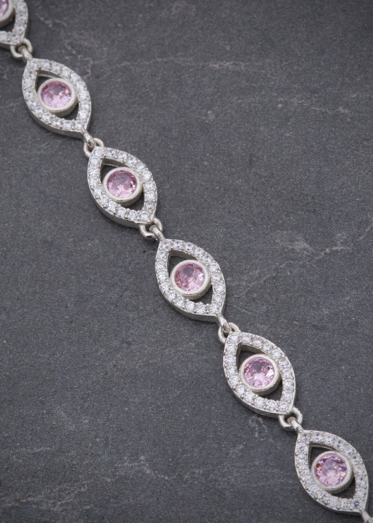 Pulso Ojo Turco con Swarovski Rosado y Blanco 11.05gr / 19cm / 7.4mm — Plata 925