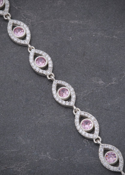 Pulso Ojo Turco con Swarovski Rosado y Blanco 11.05gr / 19cm / 7.4mm — Plata 925