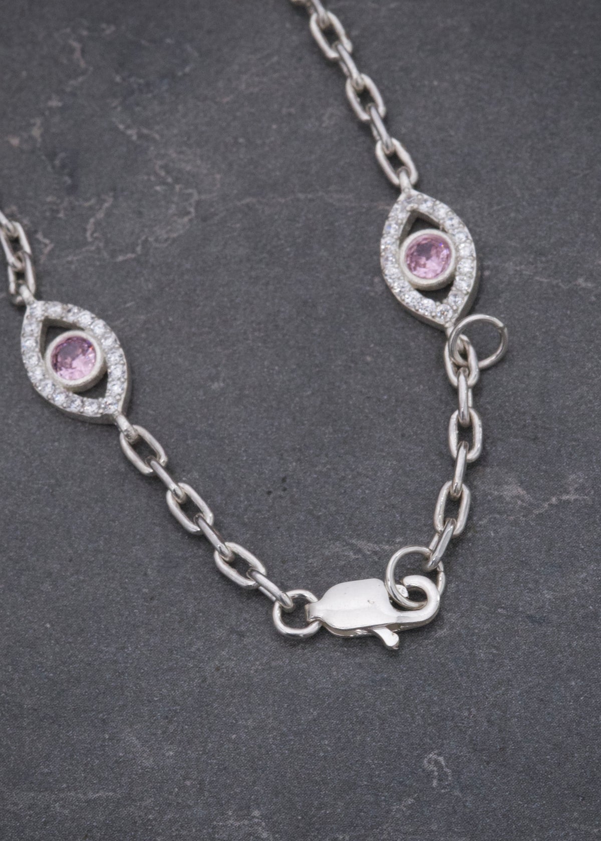 Pulso Ojo Turco con Swarovski Rosado y Blanco 6.7gr / 19cm / 7.4mm — Plata 925