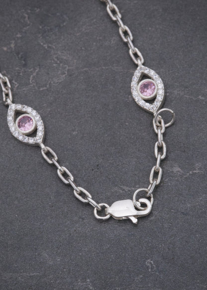 Pulso Ojo Turco con Swarovski Rosado y Blanco 6.7gr / 19cm / 7.4mm — Plata 925