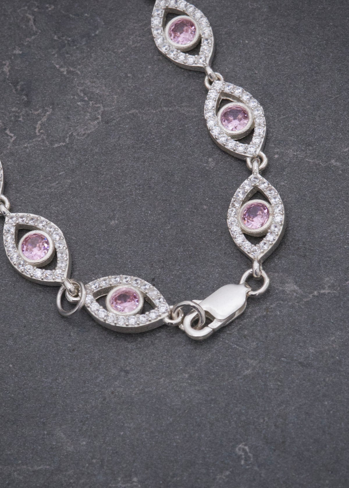 Pulso Ojo Turco con Swarovski Rosado y Blanco 11.05gr / 19cm / 7.4mm — Plata 925