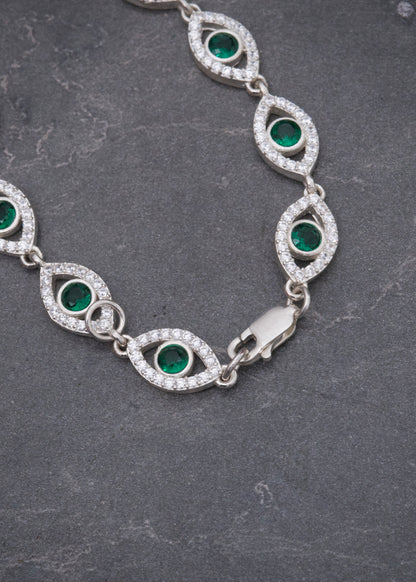 Pulso Ojo Turco con Swarovski Verde y Blanco 10.15gr / 17cm / 7.4mm — Plata 925