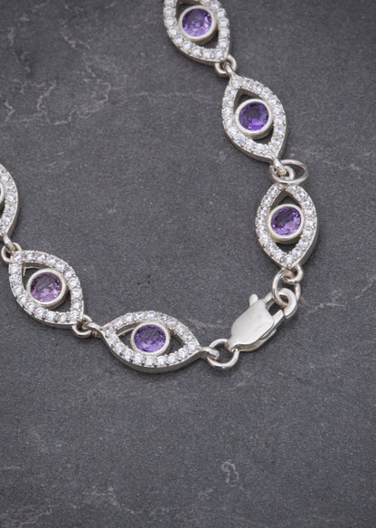 Pulso Ojo Turco con Swarovski Morado y Blanco 11.25gr / 19cm / 7.4mm — Plata 925