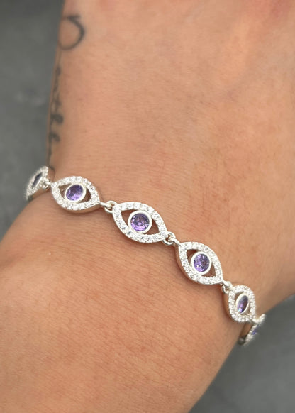 Pulso Ojo Turco con Swarovski Morado y Blanco 11.25gr / 19cm / 7.4mm — Plata 925