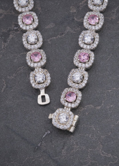 Cadena Tenis con Swarovski Rosado y Blanco 47.8gr / 40cm / 7.7mm — Plata 925