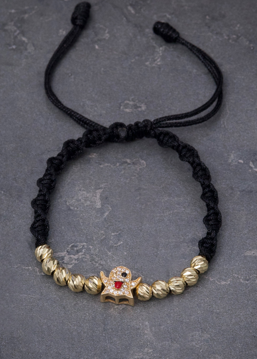 Pulsera en Hilo Negro con Herraje Emoji Fantasma 1.55gr — Oro Amarillo