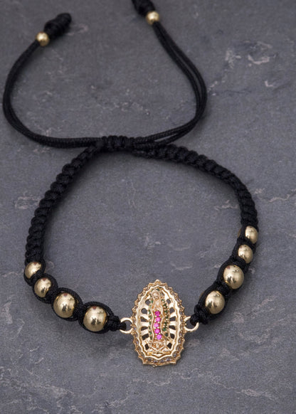 Pulsera en Hilo Negro con Herraje Virgen de Guadalupe 3.2gr — Oro Amarillo