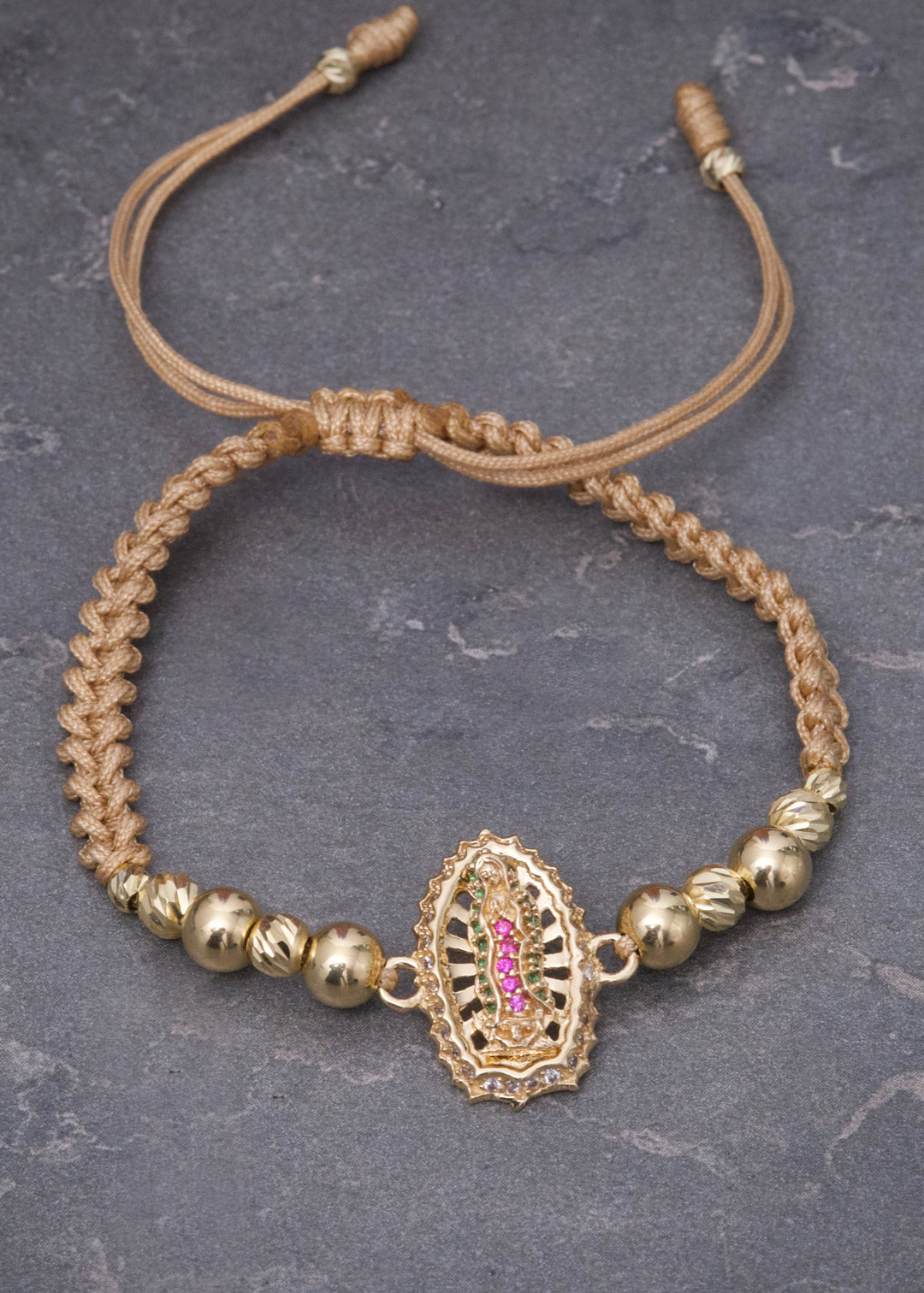 Pulsera en Beige con Herraje Virgen de Guadalupe 3.2gr — Oro Amarillo