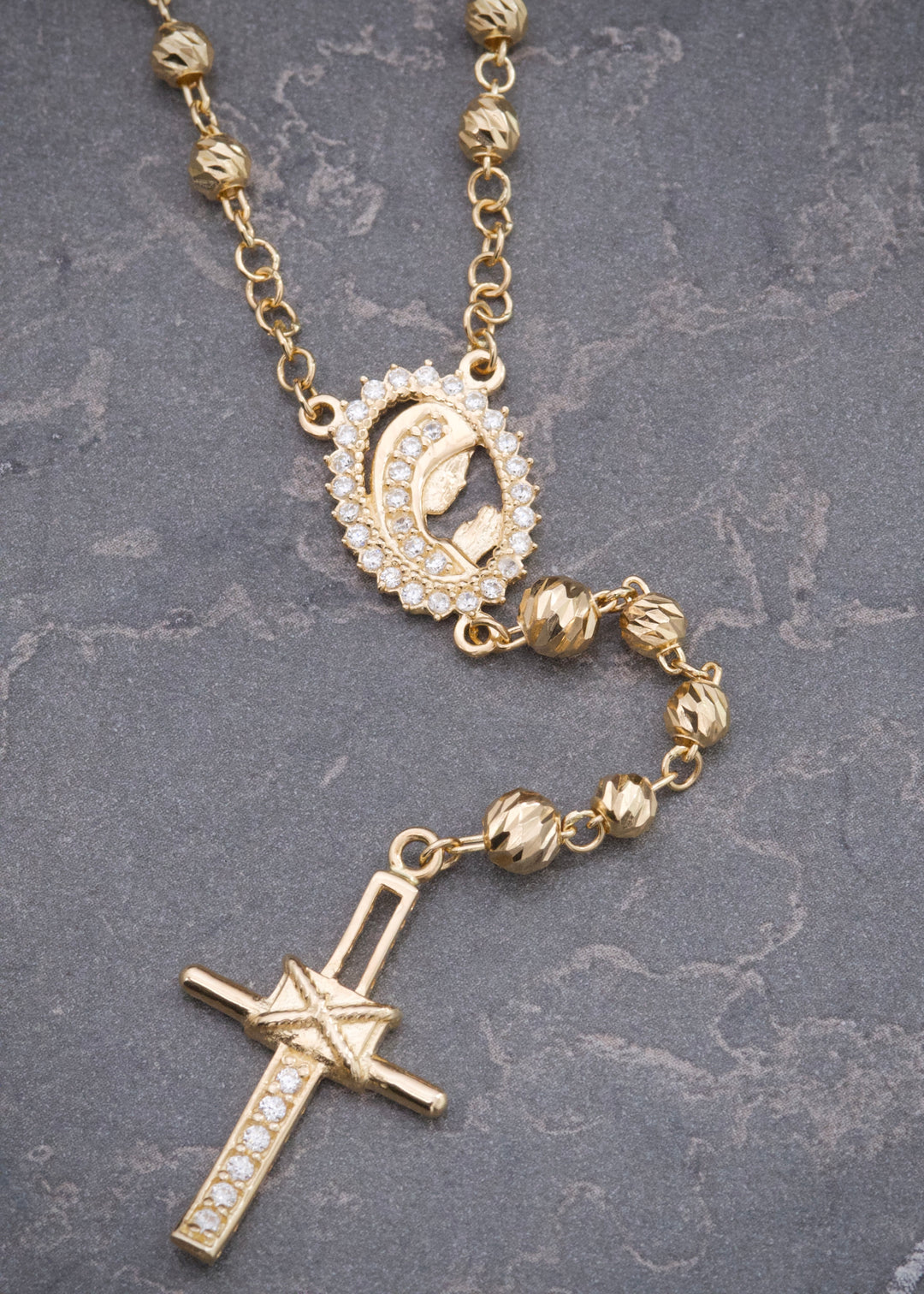 Rosario Virgen Maria con Swarovski 13.25gr / 50cm / 4mm — Oro Amarillo