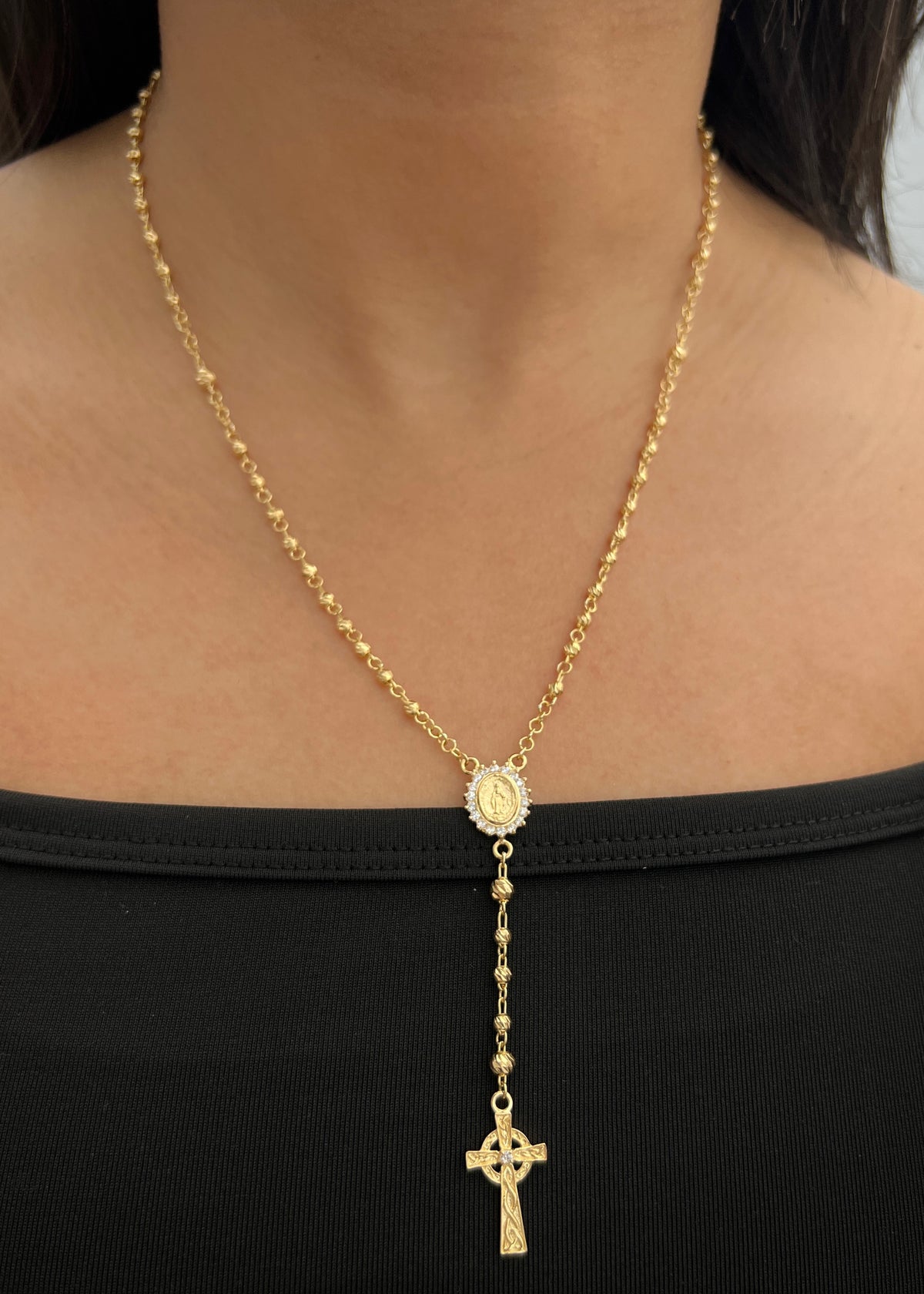 Rosario Virgen de la Milagrosa con Swarovski 10gr / 50cm / 3mm — Oro Amarillo