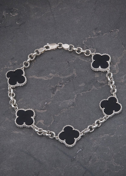Pulso Lucky Clover Piedra Negra 8.15gr / 20cm / 14mm — Plata 925