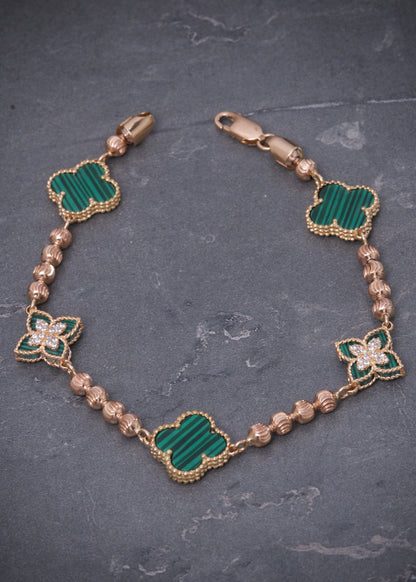 Pulso lucky clover piedra verde con swarovski blanco 11.95gr / Largo 20.5cm / Oro Rosado Nac M