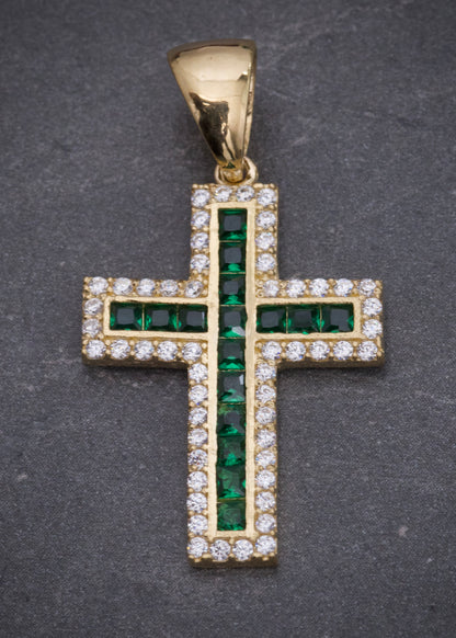 Dije cruz con swarovski verde y blanco 3.1gr / Largo 3.4cm / Oro Amarillo Nac B