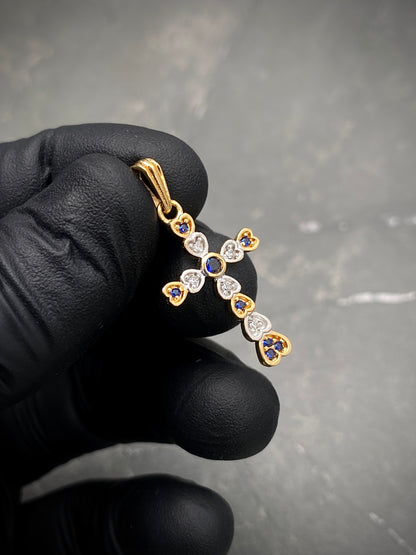 Dije de cruz con swarovski blanco y azul oscuro 1.65gr / 2.9cm / Dos Oros Nac B
