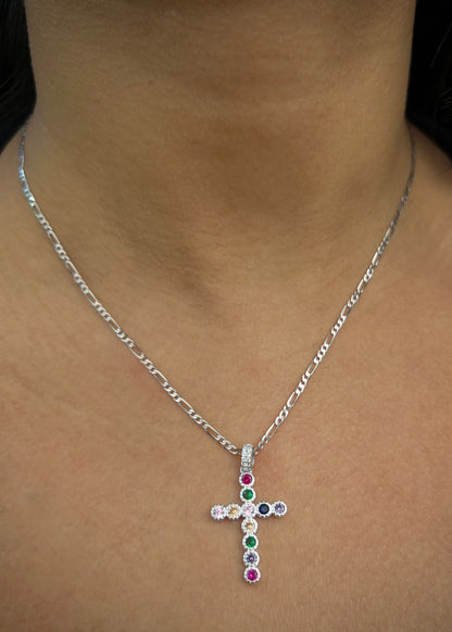 Dije cruz con swarovski multicolor 2.1gr / Largo 3cm / Plata P