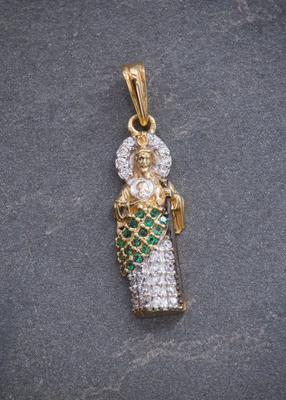 Dije San Judas con Swarovski Verde y Blanco 1.95gr / 2.7cm / 7mm — Oro Amarillo