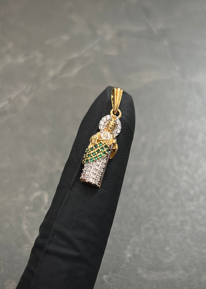 Dije San Judas con Swarovski Verde y Blanco 1.95gr / 2.7cm / 7mm — Oro Amarillo