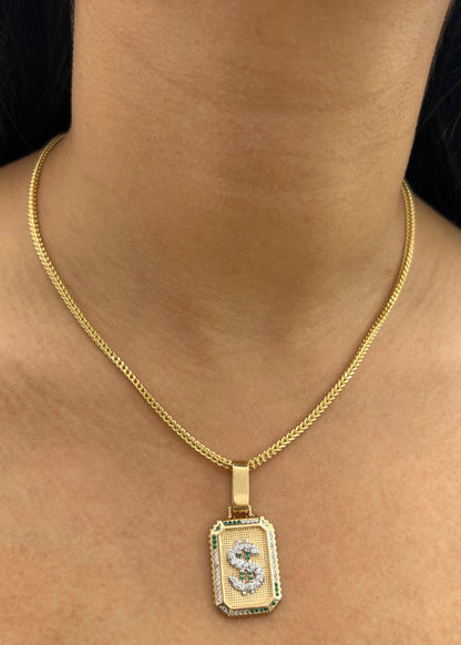 Dije Signo Peso con Swarovski Blanco y Verde 5.25gr / 4cm / 18mm — Oro Amarillo