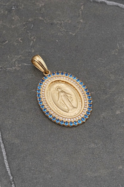 Dije virgen de la milagrosa con swarovski azul y blanco 6.65gr / Largo 3.9cm / Oro Amarillo Nac P