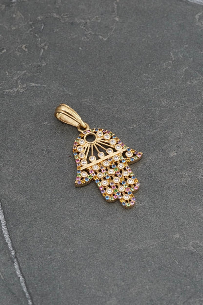 Dije Mano hs con swarovski multicolor 3.95gr / Largo 3.9cm / Oro Amarillo Nac P