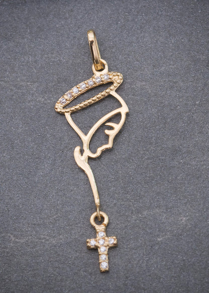 Dije Virgen Maria con Swarovski Blanco 0.7gr / 3.7cm / 11mm — Oro Amarillo